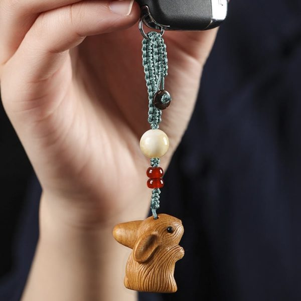 Buddha Stones Sandalwood Small Leaf Red Sandalwood Lucky Mini Rabbit Protection Key Chain Phone Hanging Decoration Online Sale - Image 3