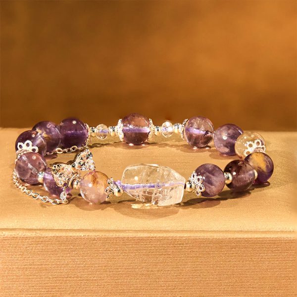 Buddha Stones Natural Purple Phantom Bow Wisdom Bracelet For Sale - Image 3