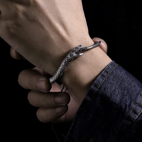 Buddha Stones Sterling Silver Snake Shape Texture Year Of The Snake Blessing Bracelet For Discount - Image 4