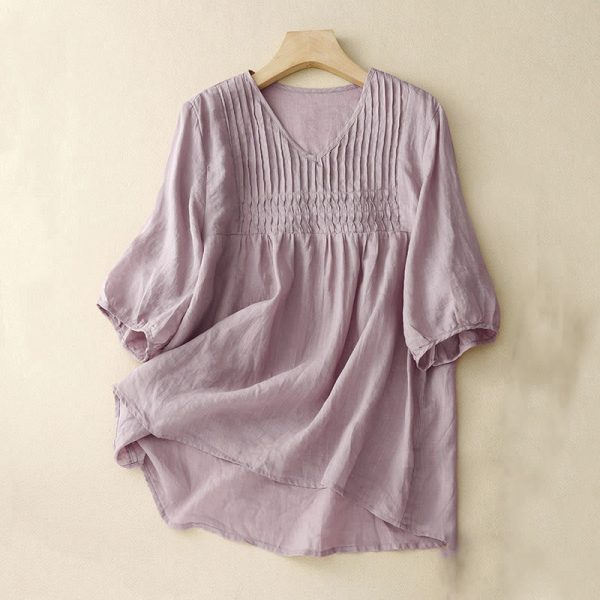 Buddha Stones Casual Plain Loose Women s V-Neck Design Half Sleeve Cotton Linen Shirt Sale