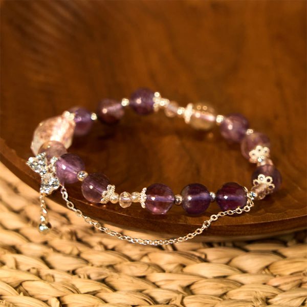 Buddha Stones Natural Purple Phantom Bow Wisdom Bracelet For Sale - Image 2