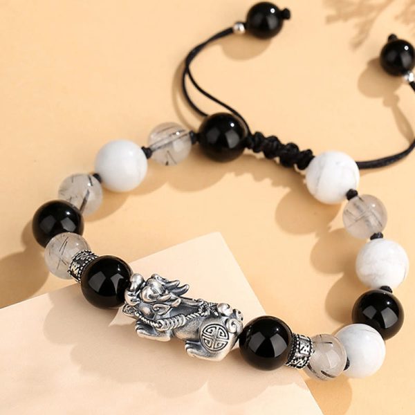 Buddha Stones Pi Xiu Six True Words 999 Sterling Silver Black Obsidian White Turquoise Chrysoberyl Luck Bracelet Sale - Image 3