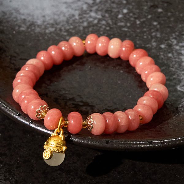 Buddha Stones Strawberry Quartz Cyan Jade Lucky Cat Beads Healing Bracelet Online - Image 5