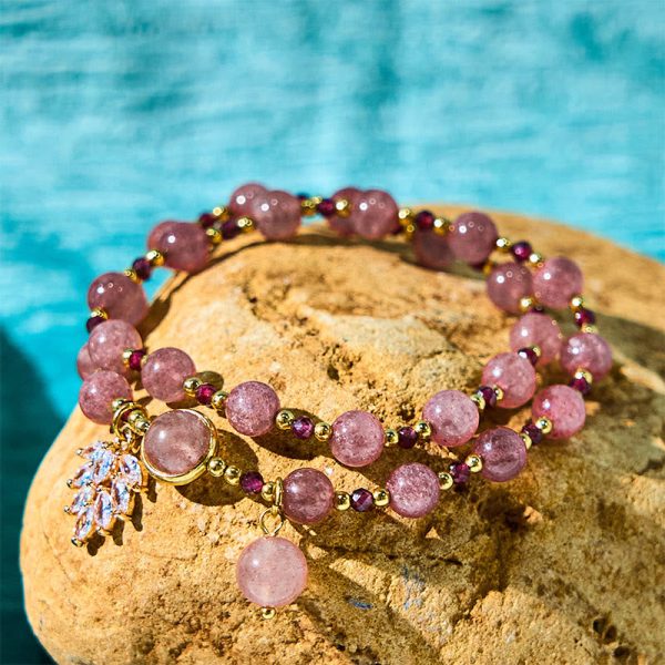 Buddha Stones Natural Strawberry Quartz Love Healing Maple Leaf Charm Double Wrap Bracelet Cheap