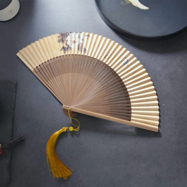 Buddha Stones Lotus Dragonfly Peony Butterfly Handheld Paper Bamboo Folding Fan 22.5cm For Cheap - Image 4