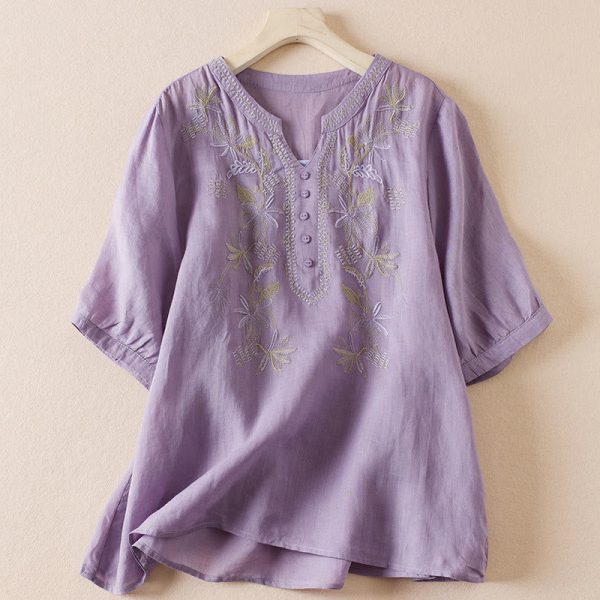 Buddha Stones Casual Embroidery Plants Women s V-Neck Design Half Sleeve Cotton Blended Shirt For Cheap