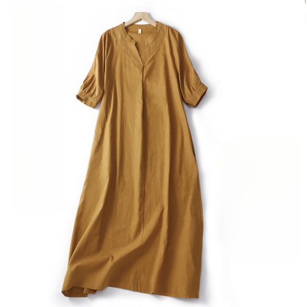 Buddha Stones Casual Plain V-neck Loose Half Sleeve Design Cotton Linen Midi Dress With Pockets Cheap