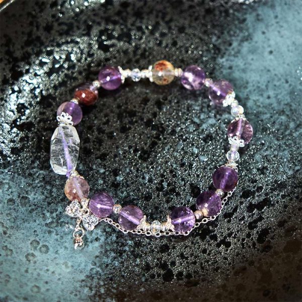 Buddha Stones Natural Purple Phantom Bow Wisdom Bracelet For Sale - Image 4