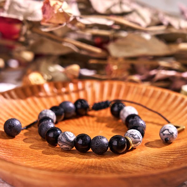 Buddha Stones Black Obsidian Lava Rock Stone Yin Yang Strength Bracelet Hot on Sale